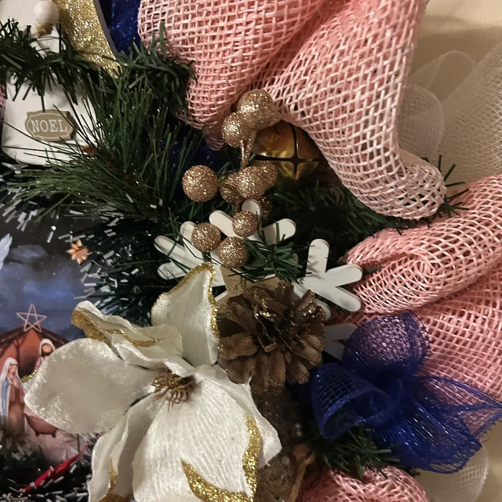 Festive Holiday Wreath with Pink and Gold Accents